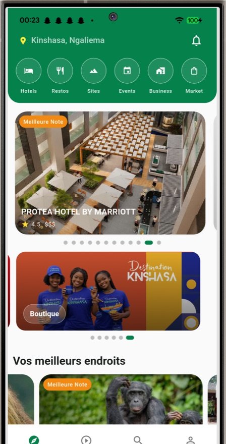 Écran d'accueil de l'application : catégories Hôtels, Restos, Sites, Events, Business, Market, et les lieux les mieux notés de Kinshasa