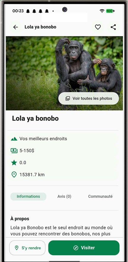 Fiche d'un lieu : photos, budget, note, distance et boutons pour s'y rendre
