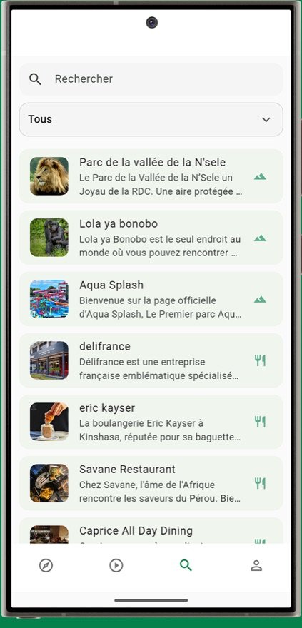 Écran de recherche listant des lieux de Kinshasa avec leur description
